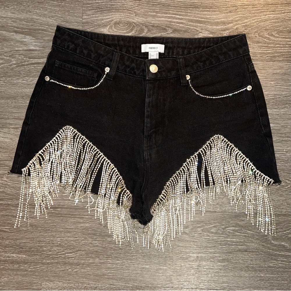 Rhinestone Cowgirl Black Distressed Sparkly Fringe Jean Shorts 28” Waist
